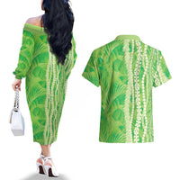 Hawaii Prince Kuhio Couples Matching Off The Shoulder Long Sleeve Dress and Hawaiian Shirt Lime Green Hawaiian Lau Maia With Leis LT05 - Polynesian Pride