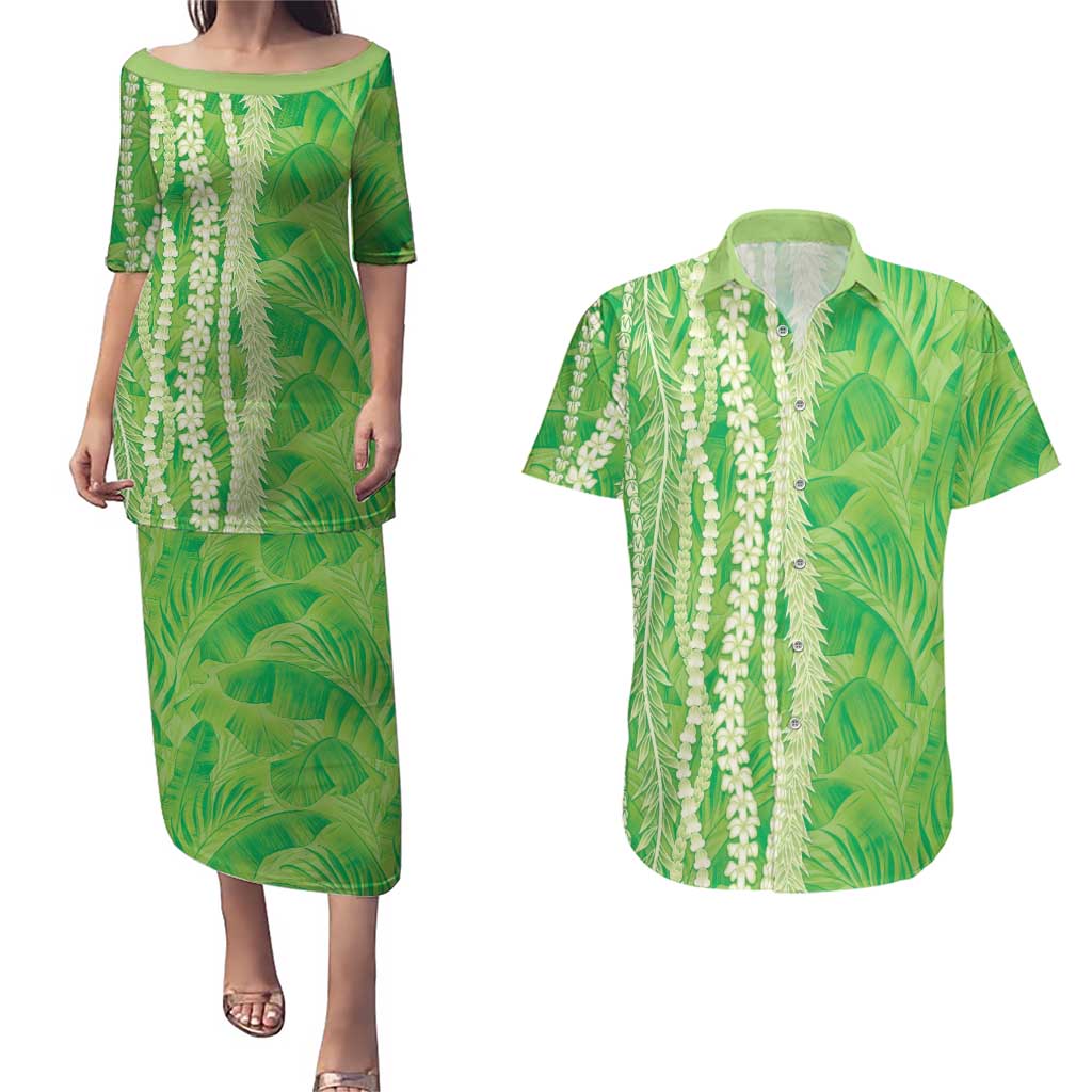 Hawaii Prince Kuhio Couples Matching Puletasi and Hawaiian Shirt Lime Green Hawaiian Lau Maia With Leis