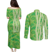Hawaii Prince Kuhio Couples Matching Puletasi and Long Sleeve Button Shirt Lime Green Hawaiian Lau Maia With Leis