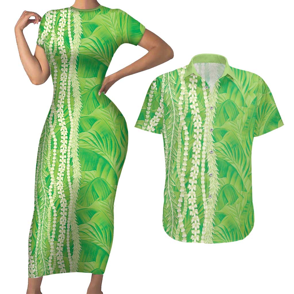 Hawaii Prince Kuhio Couples Matching Short Sleeve Bodycon Dress and Hawaiian Shirt Lime Green Hawaiian Lau Maia With Leis