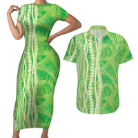 Hawaii Prince Kuhio Couples Matching Short Sleeve Bodycon Dress and Hawaiian Shirt Lime Green Hawaiian Lau Maia With Leis LT05 Green - Polynesian Pride