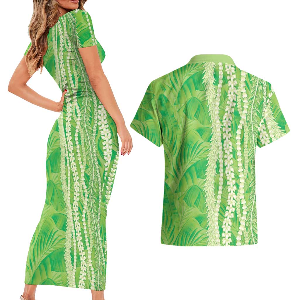 Hawaii Prince Kuhio Couples Matching Short Sleeve Bodycon Dress and Hawaiian Shirt Lime Green Hawaiian Lau Maia With Leis LT05 - Polynesian Pride