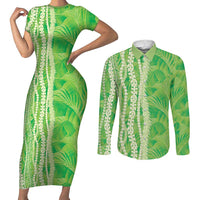 Hawaii Prince Kuhio Couples Matching Short Sleeve Bodycon Dress and Long Sleeve Button Shirt Lime Green Hawaiian Lau Maia With Leis LT05 Green - Polynesian Pride
