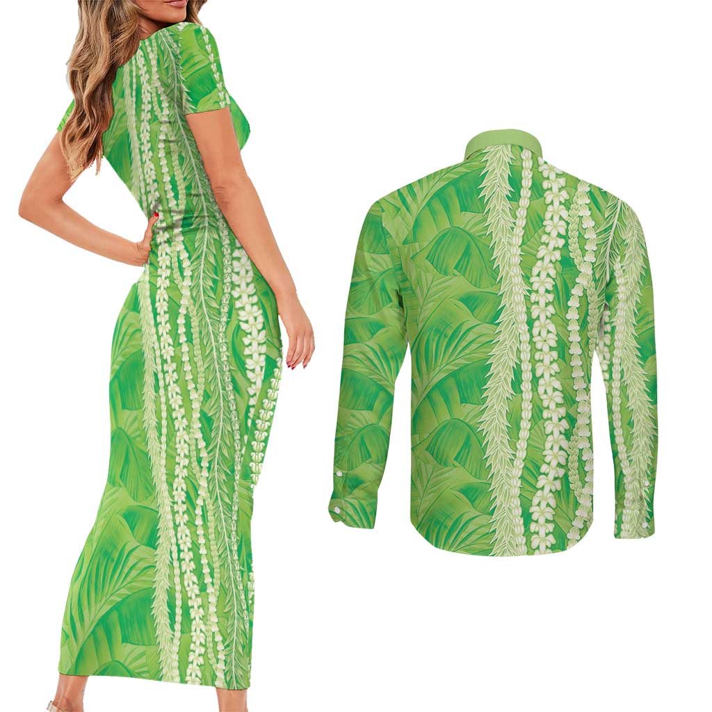 Hawaii Prince Kuhio Couples Matching Short Sleeve Bodycon Dress and Long Sleeve Button Shirt Lime Green Hawaiian Lau Maia With Leis LT05 - Polynesian Pride