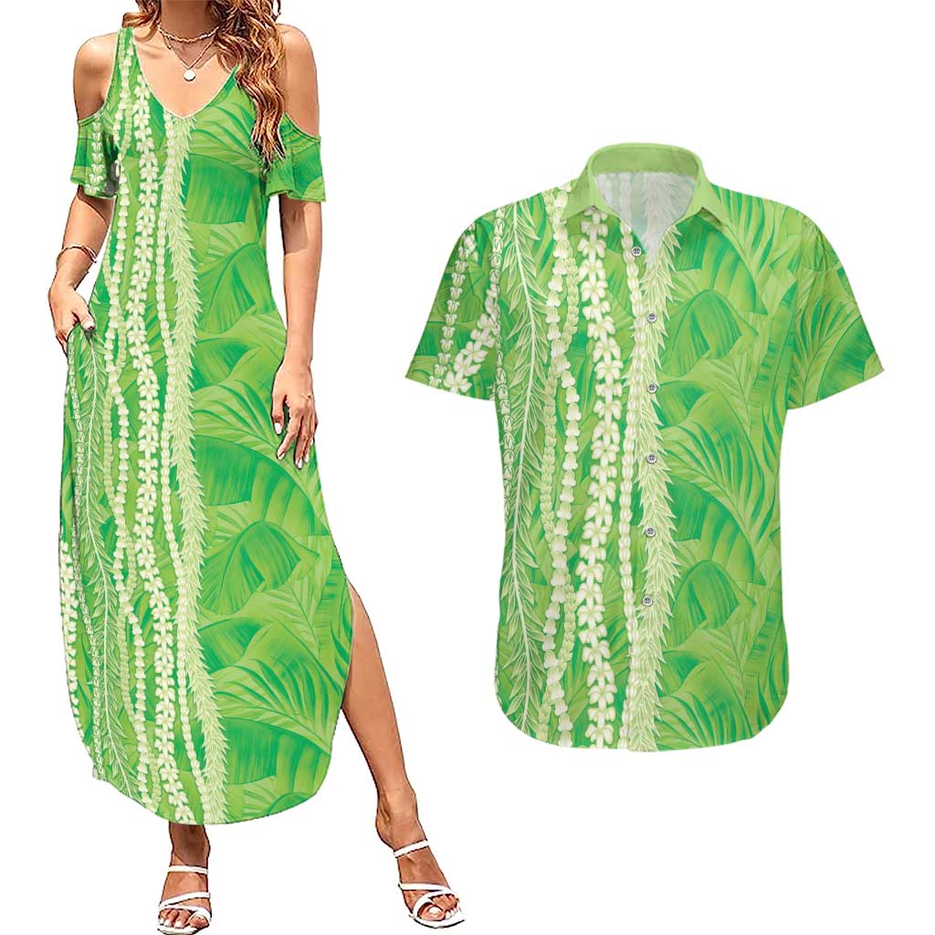 Hawaii Prince Kuhio Couples Matching Summer Maxi Dress and Hawaiian Shirt Lime Green Hawaiian Lau Maia With Leis
