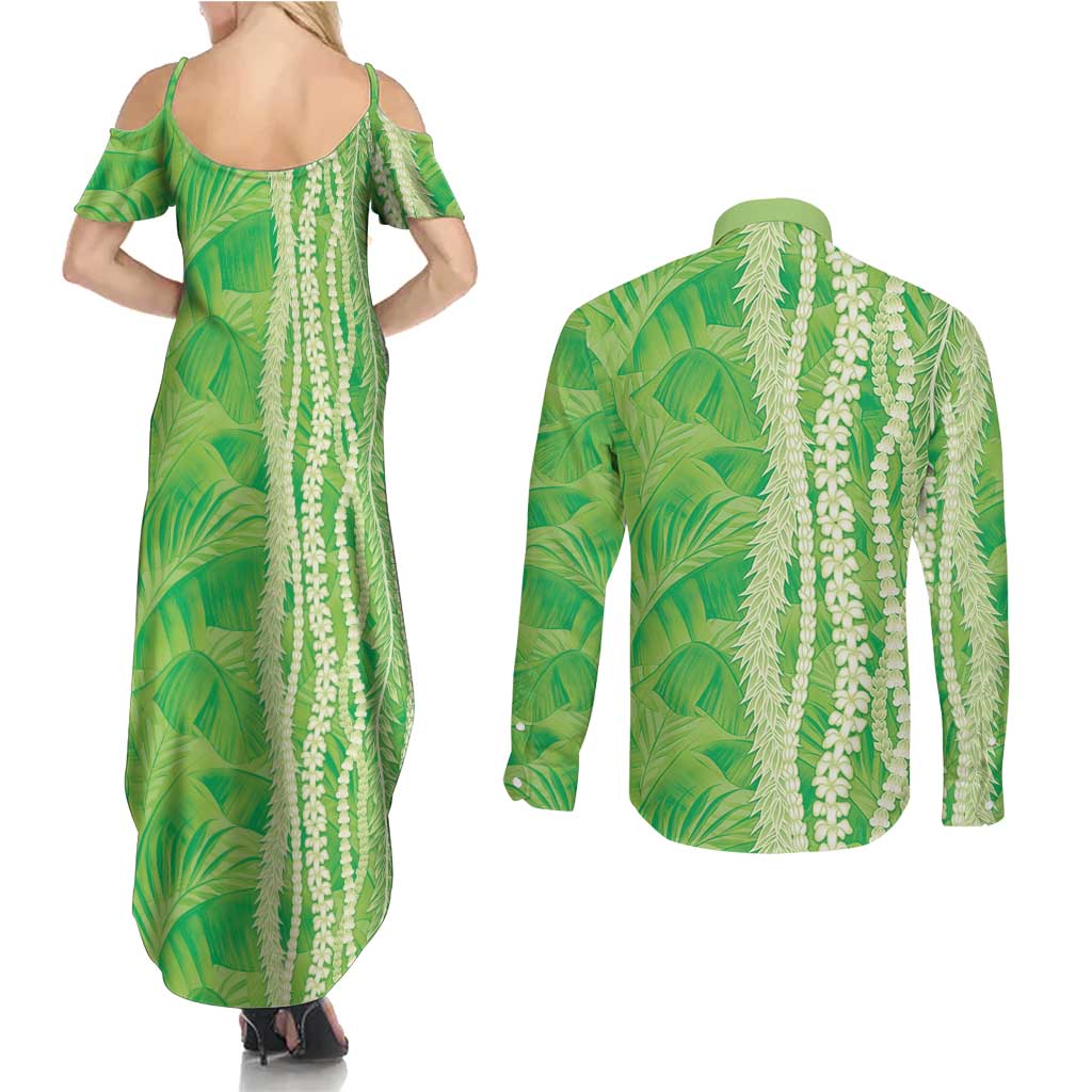 Hawaii Prince Kuhio Couples Matching Summer Maxi Dress and Long Sleeve Button Shirt Lime Green Hawaiian Lau Maia With Leis