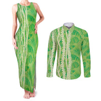 Hawaii Prince Kuhio Couples Matching Tank Maxi Dress and Long Sleeve Button Shirt Lime Green Hawaiian Lau Maia With Leis
