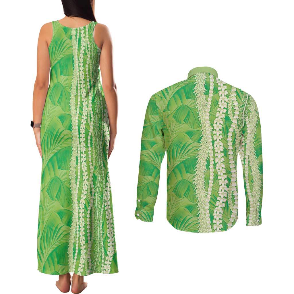 Hawaii Prince Kuhio Couples Matching Tank Maxi Dress and Long Sleeve Button Shirt Lime Green Hawaiian Lau Maia With Leis