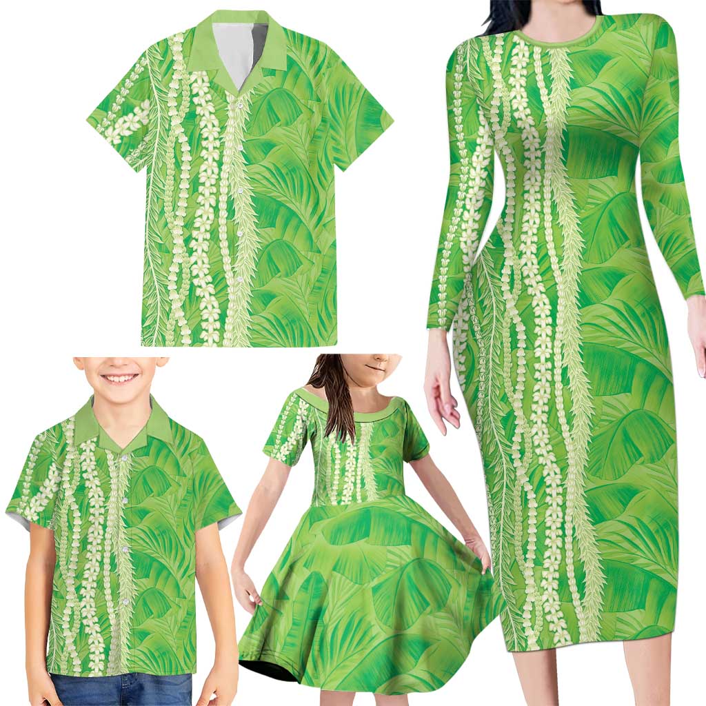 Hawaii Prince Kuhio Family Matching Long Sleeve Bodycon Dress and Hawaiian Shirt Lime Green Hawaiian Lau Maia With Leis LT05 - Polynesian Pride