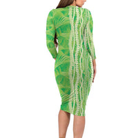 Hawaii Prince Kuhio Family Matching Long Sleeve Bodycon Dress and Hawaiian Shirt Lime Green Hawaiian Lau Maia With Leis LT05 - Polynesian Pride