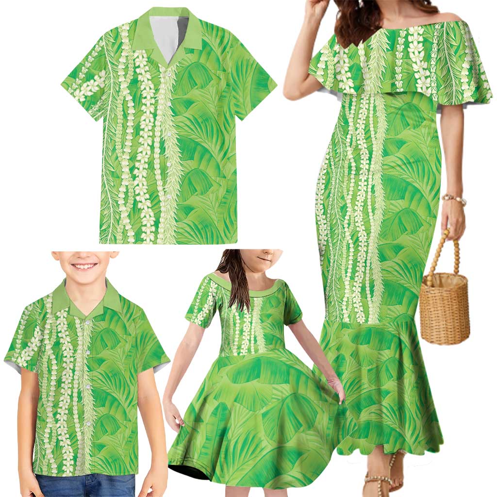 Hawaii Prince Kuhio Family Matching Mermaid Dress and Hawaiian Shirt Lime Green Hawaiian Lau Maia With Leis LT05 - Polynesian Pride