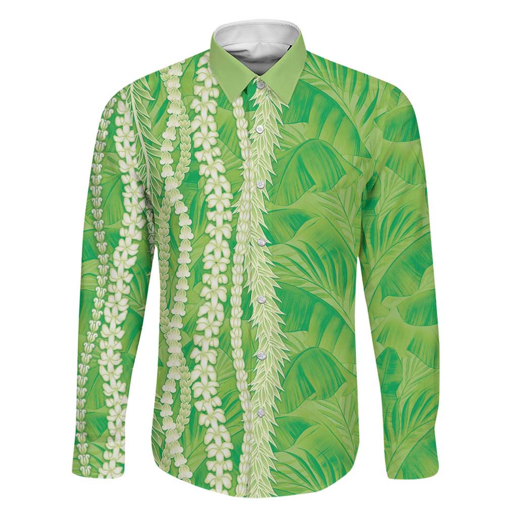 Hawaii Prince Kuhio Family Matching Mermaid Dress and Hawaiian Shirt Lime Green Hawaiian Lau Maia With Leis LT05 Dad's Shirt - Long Sleeve Green - Polynesian Pride