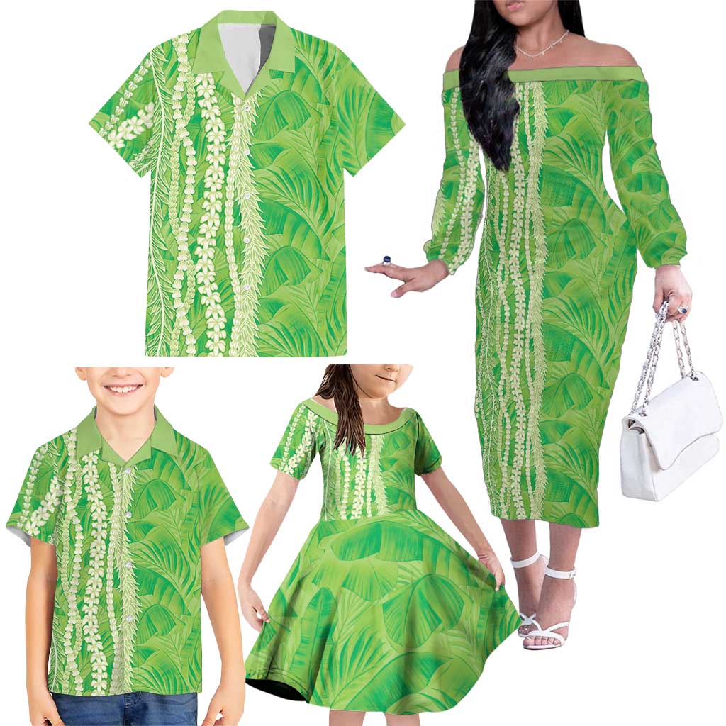 Hawaii Prince Kuhio Family Matching Off The Shoulder Long Sleeve Dress and Hawaiian Shirt Lime Green Hawaiian Lau Maia With Leis LT05 - Polynesian Pride