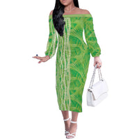 Hawaii Prince Kuhio Family Matching Off The Shoulder Long Sleeve Dress and Hawaiian Shirt Lime Green Hawaiian Lau Maia With Leis LT05 Mom's Dress Green - Polynesian Pride