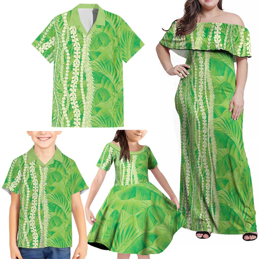 Hawaii Prince Kuhio Family Matching Off Shoulder Maxi Dress and Hawaiian Shirt Lime Green Hawaiian Lau Maia With Leis