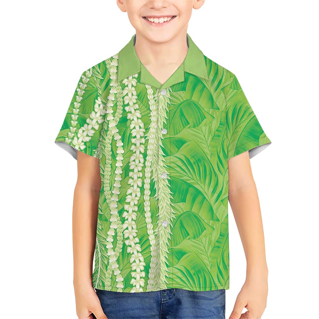 Hawaii Prince Kuhio Family Matching Off Shoulder Maxi Dress and Hawaiian Shirt Lime Green Hawaiian Lau Maia With Leis LT05 Son's Shirt Green - Polynesian Pride