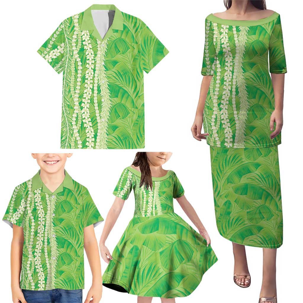 Hawaii Prince Kuhio Family Matching Puletasi and Hawaiian Shirt Lime Green Hawaiian Lau Maia With Leis LT05 - Polynesian Pride