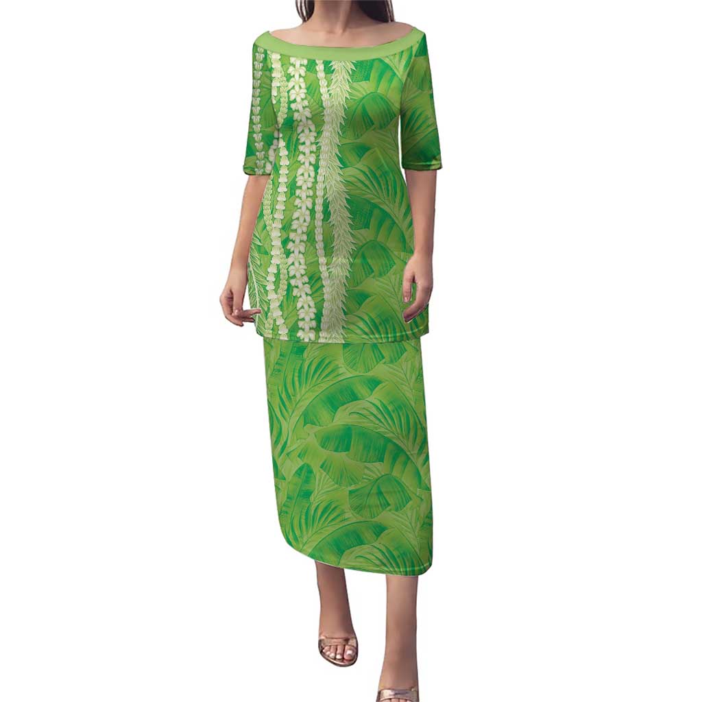 Hawaii Prince Kuhio Family Matching Puletasi and Hawaiian Shirt Lime Green Hawaiian Lau Maia With Leis LT05 Mom's Dress Green - Polynesian Pride