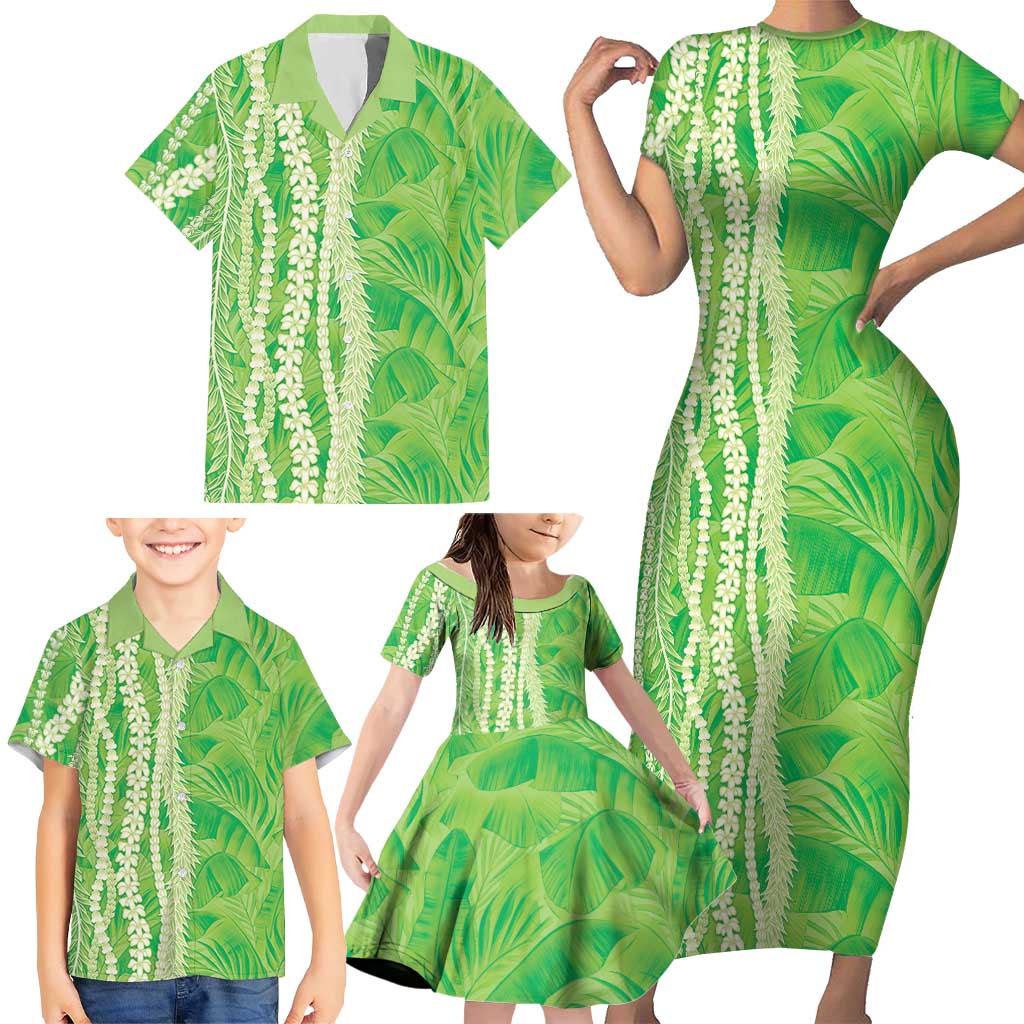 Hawaii Prince Kuhio Family Matching Short Sleeve Bodycon Dress and Hawaiian Shirt Lime Green Hawaiian Lau Maia With Leis LT05 - Polynesian Pride