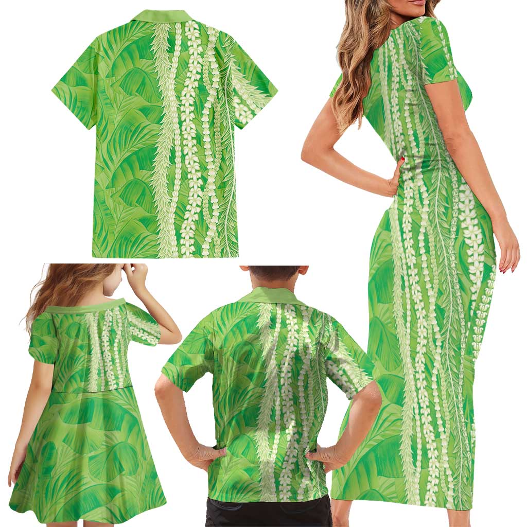 Hawaii Prince Kuhio Family Matching Short Sleeve Bodycon Dress and Hawaiian Shirt Lime Green Hawaiian Lau Maia With Leis LT05 - Polynesian Pride