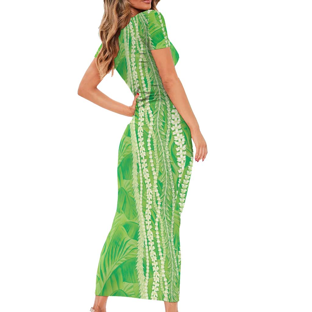 Hawaii Prince Kuhio Family Matching Short Sleeve Bodycon Dress and Hawaiian Shirt Lime Green Hawaiian Lau Maia With Leis LT05 - Polynesian Pride