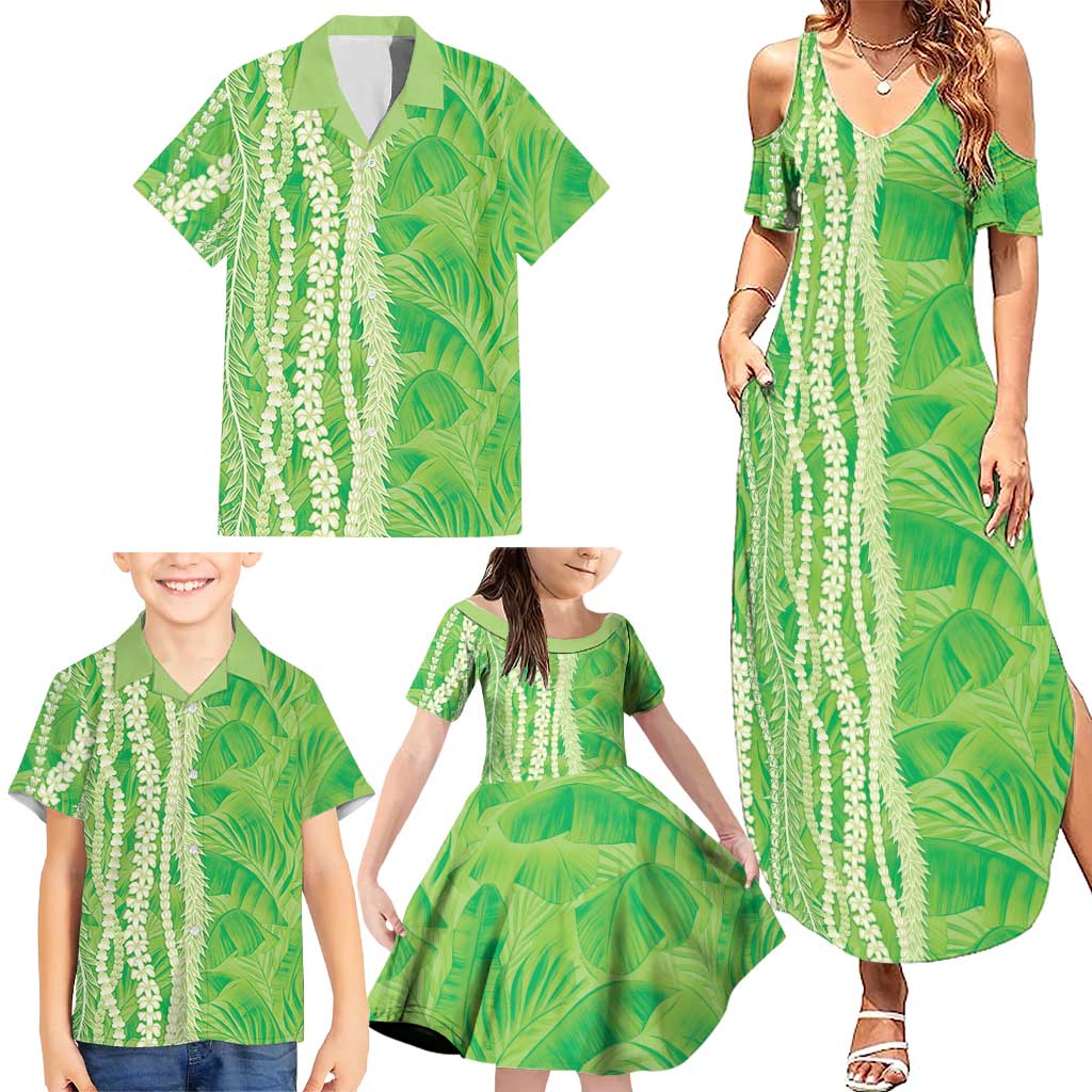 Hawaii Prince Kuhio Family Matching Summer Maxi Dress and Hawaiian Shirt Lime Green Hawaiian Lau Maia With Leis LT05 - Polynesian Pride