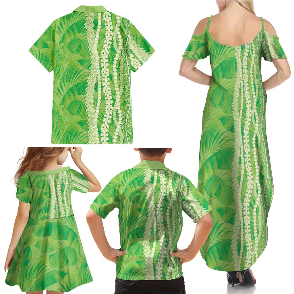 Hawaii Prince Kuhio Family Matching Summer Maxi Dress and Hawaiian Shirt Lime Green Hawaiian Lau Maia With Leis LT05 - Polynesian Pride