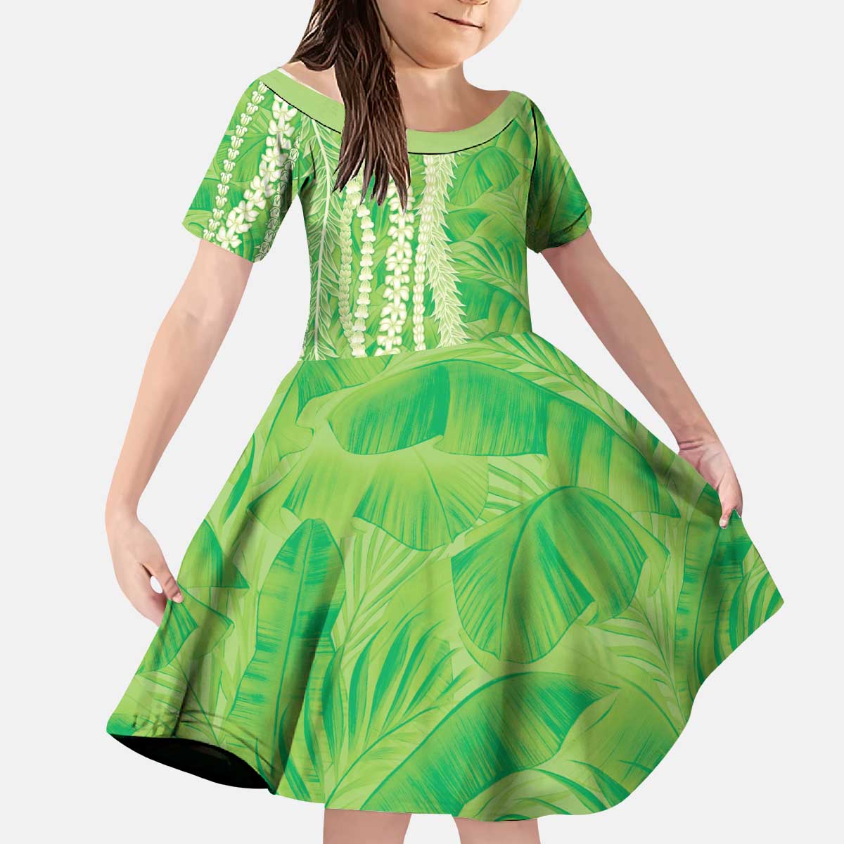 Hawaii Prince Kuhio Kid Short Sleeve Dress Lime Green Hawaiian Lau Maia With Leis