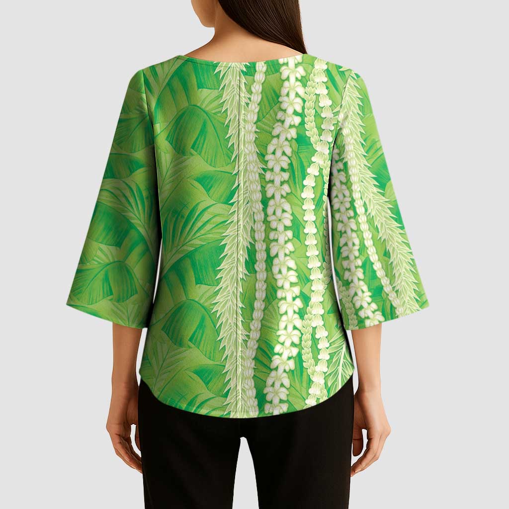 Hawaii Prince Kuhio Kimono Sleeve Blouse Lime Green Hawaiian Lau Maia With Leis