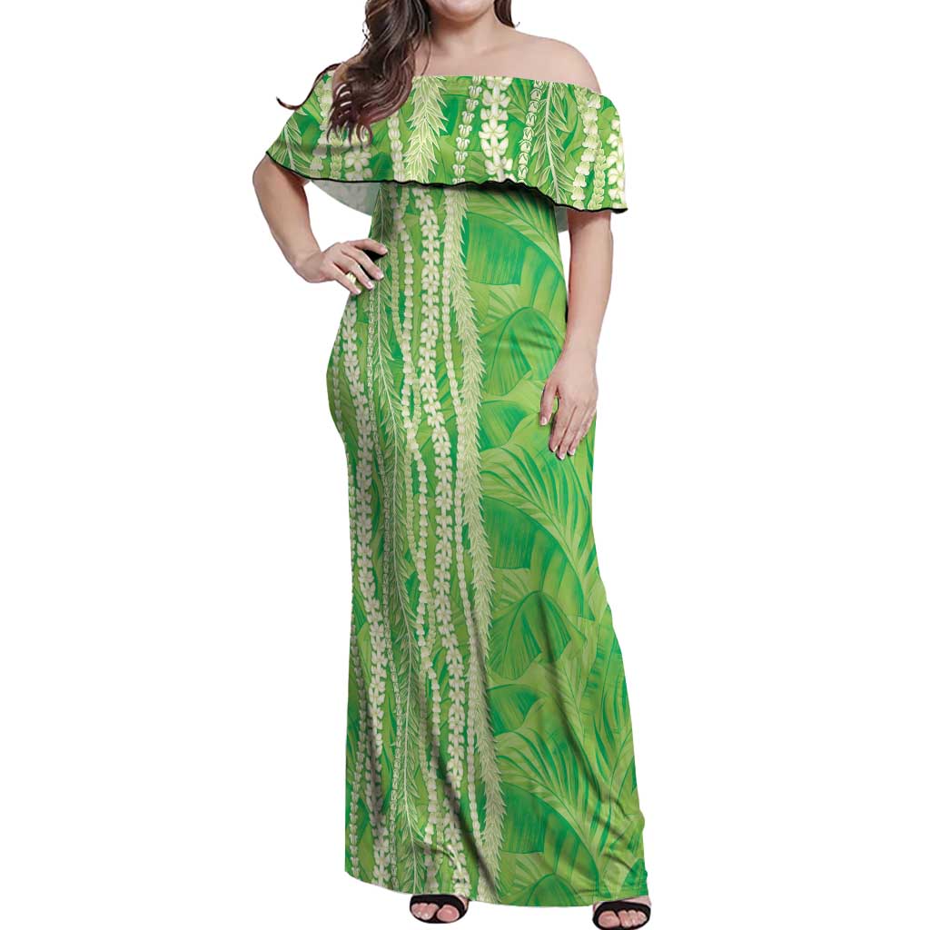 Hawaii Prince Kuhio Off Shoulder Maxi Dress Lime Green Hawaiian Lau Maia With Leis