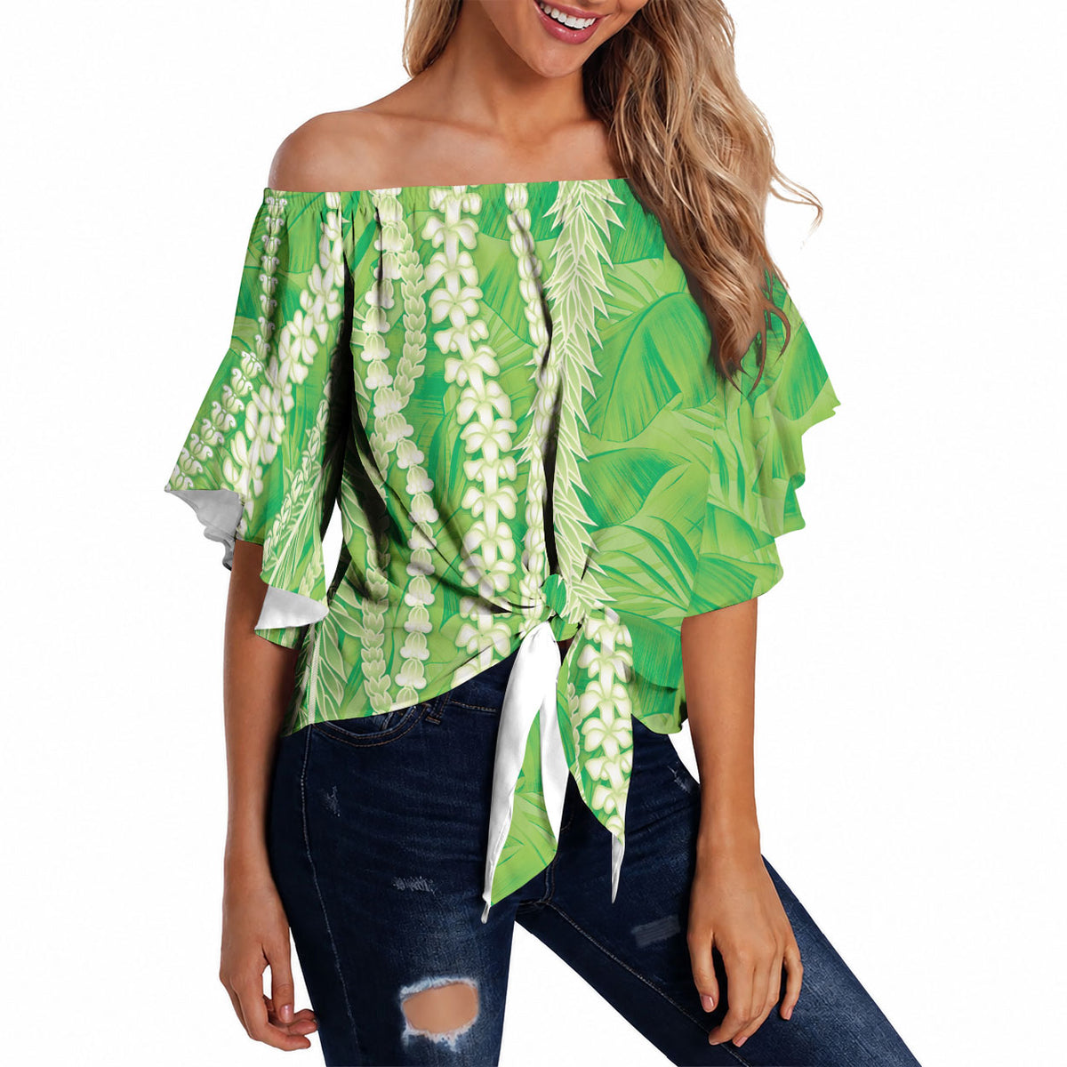 Hawaii Prince Kuhio Off Shoulder Wrap Waist Top Lime Green Hawaiian Lau Maia With Leis LT05 - Polynesian Pride