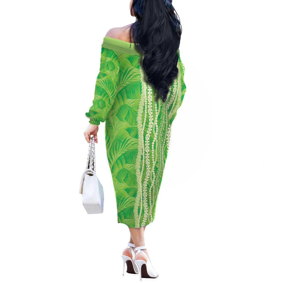 Hawaii Prince Kuhio Off The Shoulder Long Sleeve Dress Lime Green Hawaiian Lau Maia With Leis