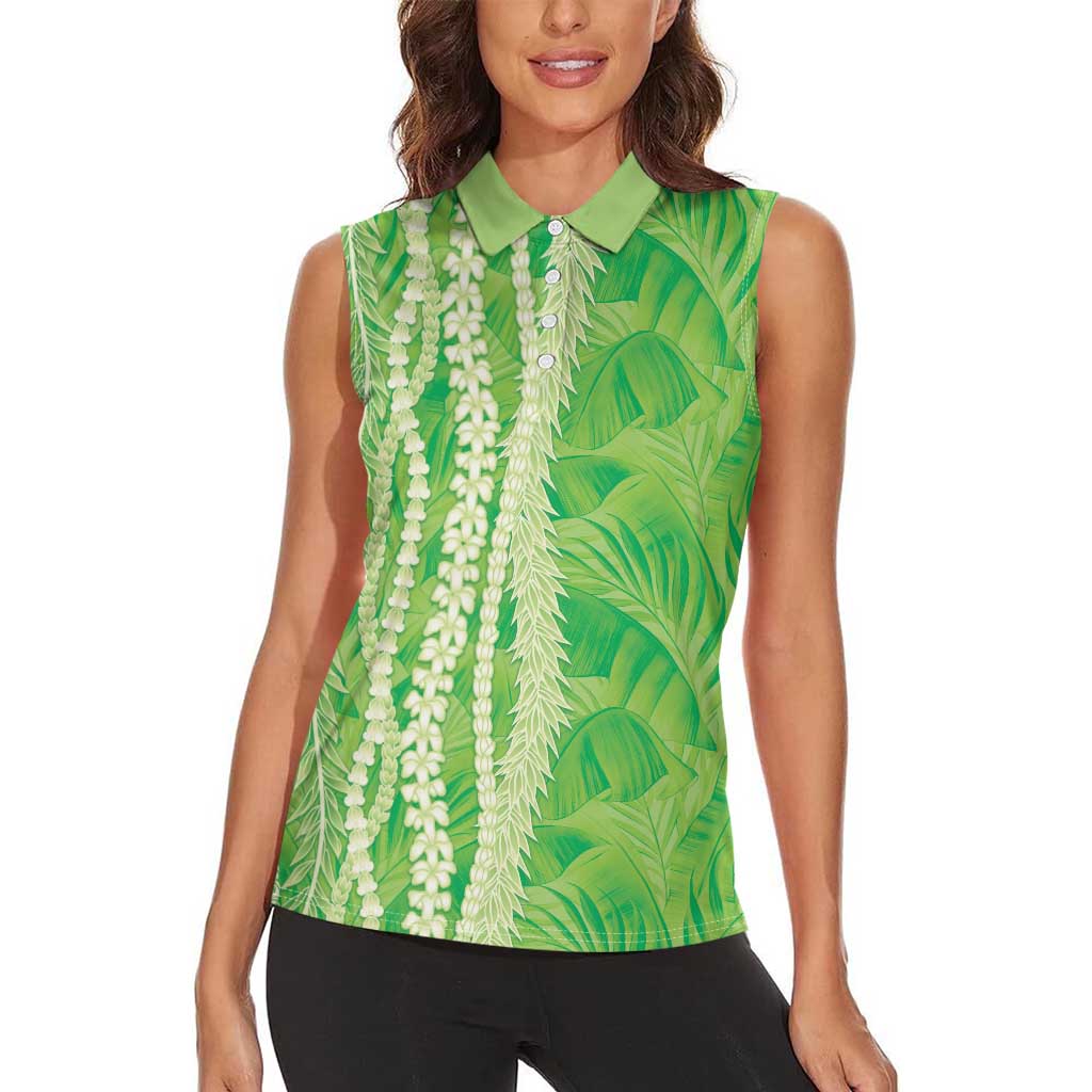 Hawaii Prince Kuhio Women Sleeveless Polo Shirt Lime Green Hawaiian Lau Maia With Leis
