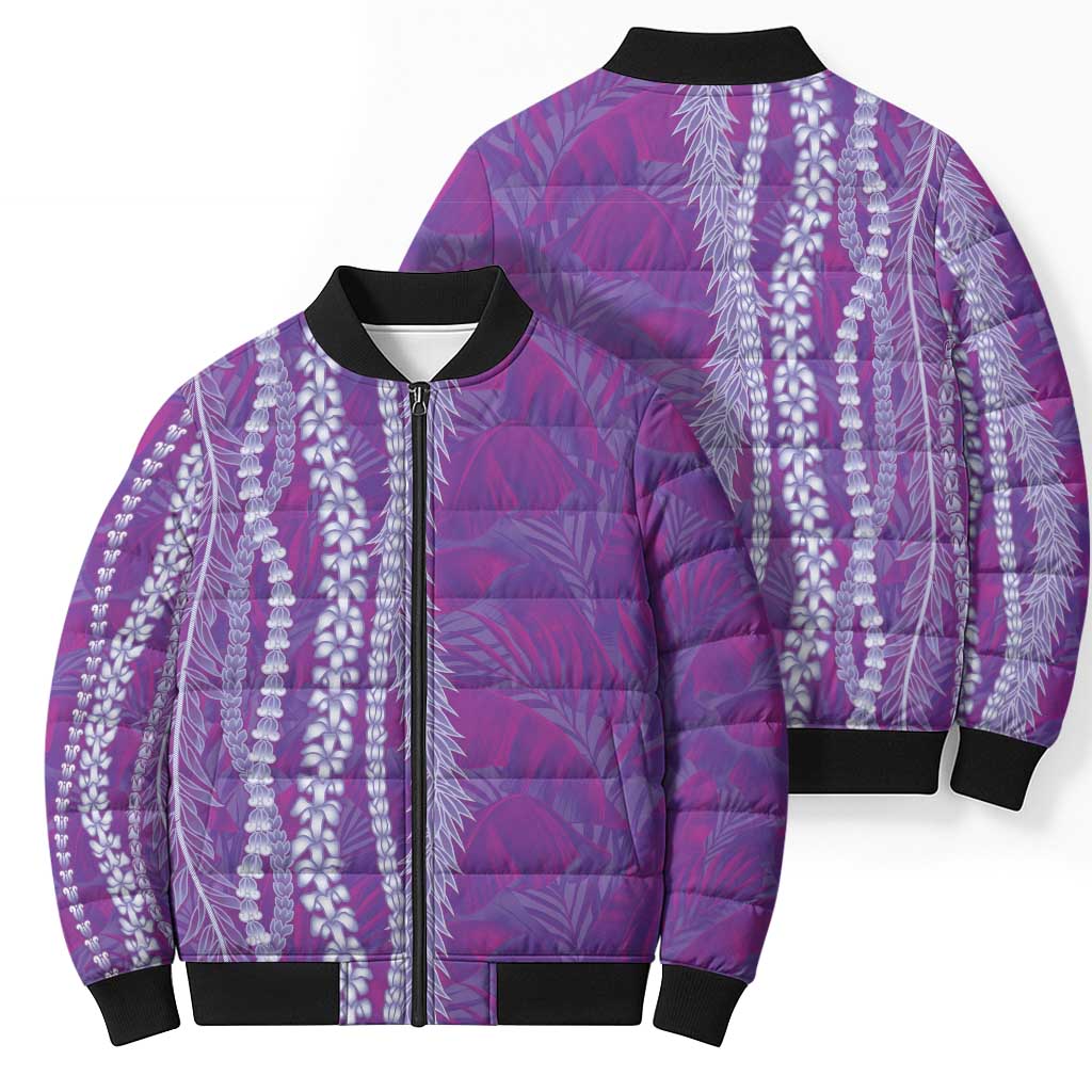Hawaii Prince Kuhio Bomber Puffer Jacket Violet Hawaiian Lau Maia With Leis