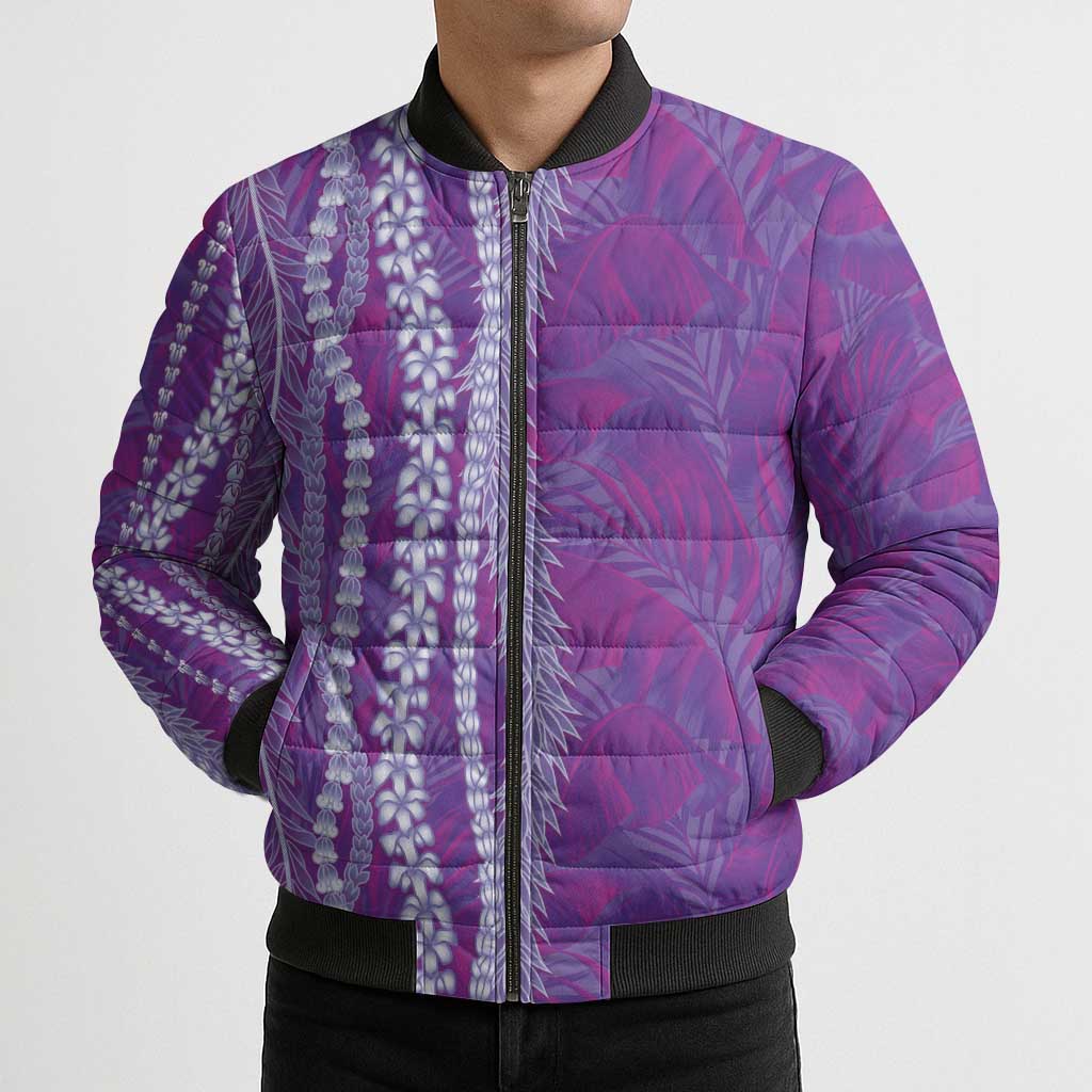 Hawaii Prince Kuhio Bomber Puffer Jacket Violet Hawaiian Lau Maia With Leis