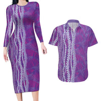 Hawaii Prince Kuhio Couples Matching Long Sleeve Bodycon Dress and Hawaiian Shirt Violet Hawaiian Lau Maia With Leis LT05 Violet - Polynesian Pride