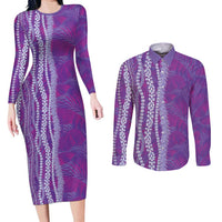 Hawaii Prince Kuhio Couples Matching Long Sleeve Bodycon Dress and Long Sleeve Button Shirt Violet Hawaiian Lau Maia With Leis