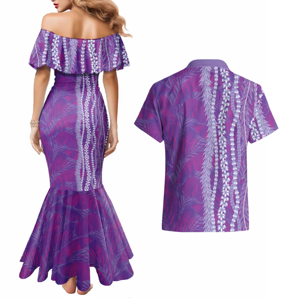 Hawaii Prince Kuhio Couples Matching Mermaid Dress and Hawaiian Shirt Violet Hawaiian Lau Maia With Leis LT05 - Polynesian Pride