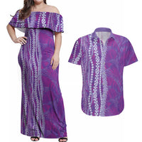 Hawaii Prince Kuhio Couples Matching Off Shoulder Maxi Dress and Hawaiian Shirt Violet Hawaiian Lau Maia With Leis
