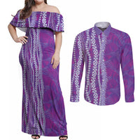 Hawaii Prince Kuhio Couples Matching Off Shoulder Maxi Dress and Long Sleeve Button Shirt Violet Hawaiian Lau Maia With Leis