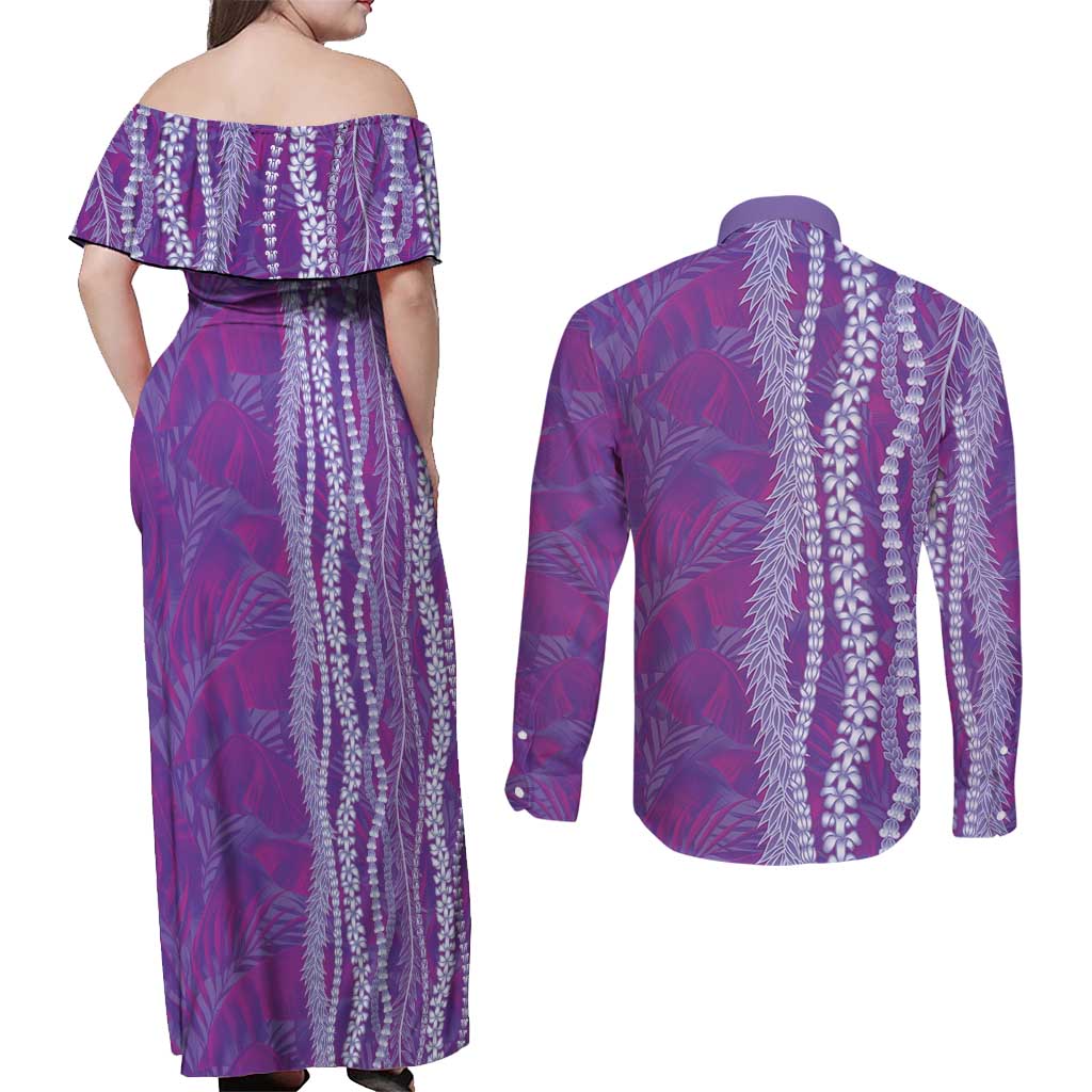 Hawaii Prince Kuhio Couples Matching Off Shoulder Maxi Dress and Long Sleeve Button Shirt Violet Hawaiian Lau Maia With Leis