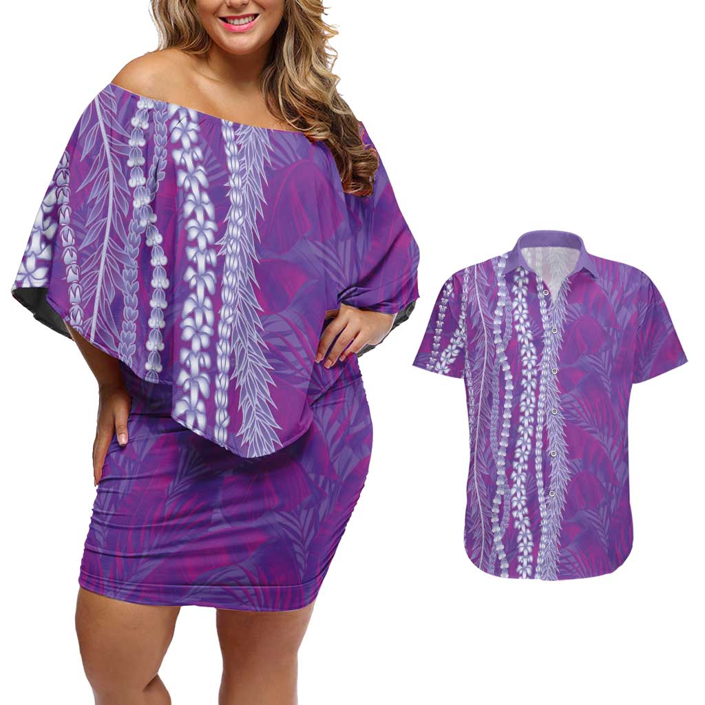 Hawaii Prince Kuhio Couples Matching Off Shoulder Short Dress and Hawaiian Shirt Violet Hawaiian Lau Maia With Leis