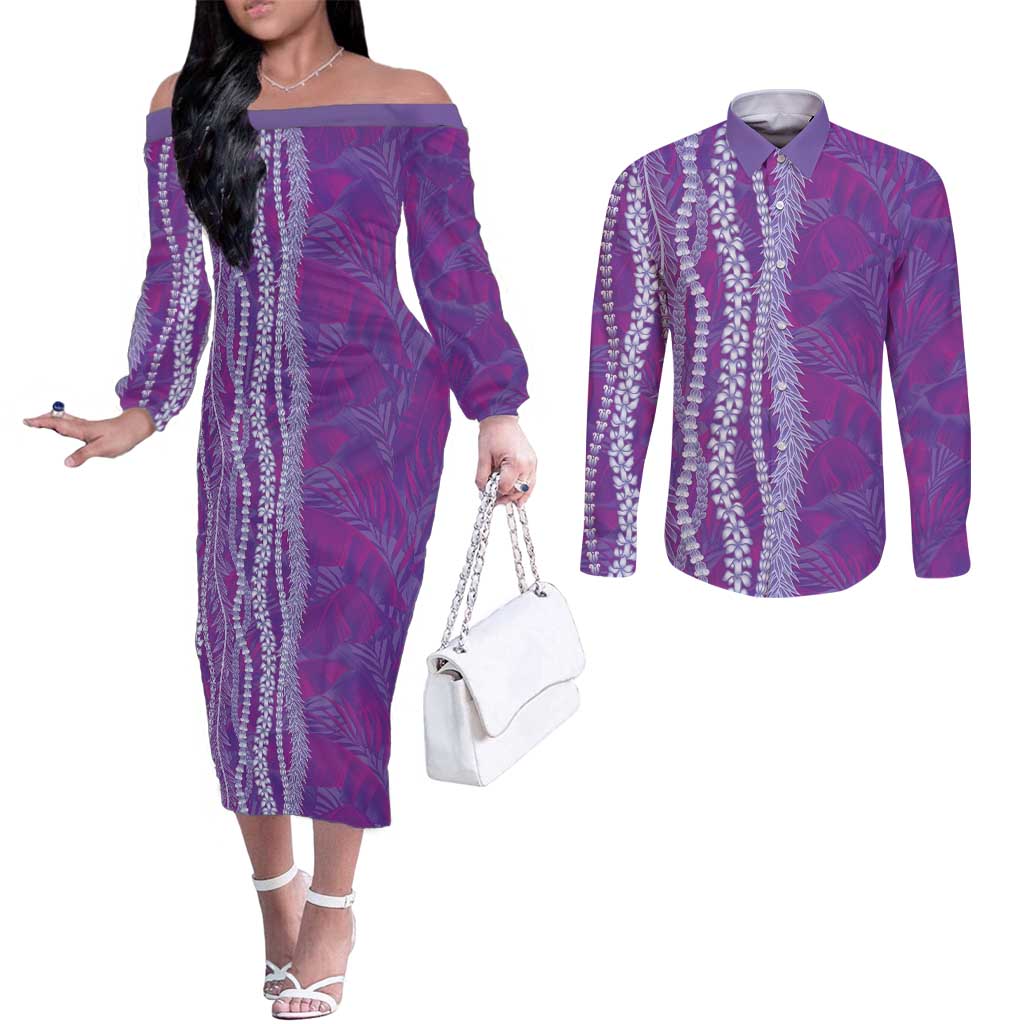 Hawaii Prince Kuhio Couples Matching Off The Shoulder Long Sleeve Dress and Long Sleeve Button Shirt Violet Hawaiian Lau Maia With Leis