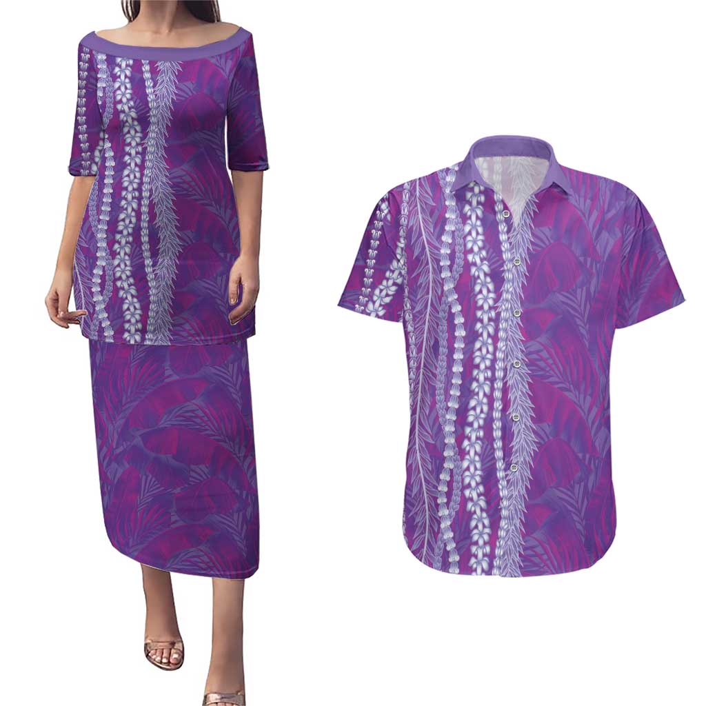 Hawaii Prince Kuhio Couples Matching Puletasi and Hawaiian Shirt Violet Hawaiian Lau Maia With Leis