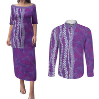 Hawaii Prince Kuhio Couples Matching Puletasi and Long Sleeve Button Shirt Violet Hawaiian Lau Maia With Leis