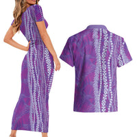 Hawaii Prince Kuhio Couples Matching Short Sleeve Bodycon Dress and Hawaiian Shirt Violet Hawaiian Lau Maia With Leis LT05 - Polynesian Pride