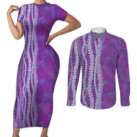 Hawaii Prince Kuhio Couples Matching Short Sleeve Bodycon Dress and Long Sleeve Button Shirt Violet Hawaiian Lau Maia With Leis
