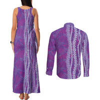 Hawaii Prince Kuhio Couples Matching Tank Maxi Dress and Long Sleeve Button Shirt Violet Hawaiian Lau Maia With Leis