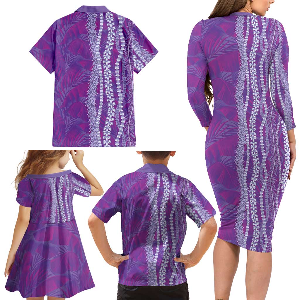 Hawaii Prince Kuhio Family Matching Long Sleeve Bodycon Dress and Hawaiian Shirt Violet Hawaiian Lau Maia With Leis LT05 - Polynesian Pride