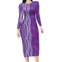 Hawaii Prince Kuhio Family Matching Long Sleeve Bodycon Dress and Hawaiian Shirt Violet Hawaiian Lau Maia With Leis LT05 Mom's Dress Violet - Polynesian Pride
